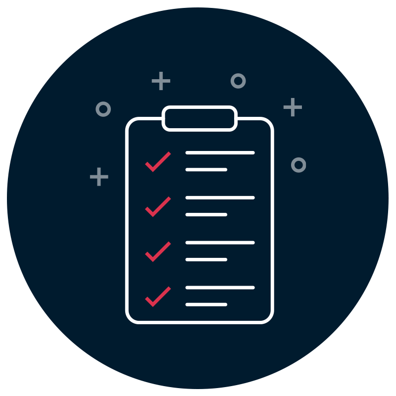 Icon einer Kanzlei-Checkliste auf einem Klemmbrett mit roten Häkchen auf dunklem, kreisförmigem Hintergrund.