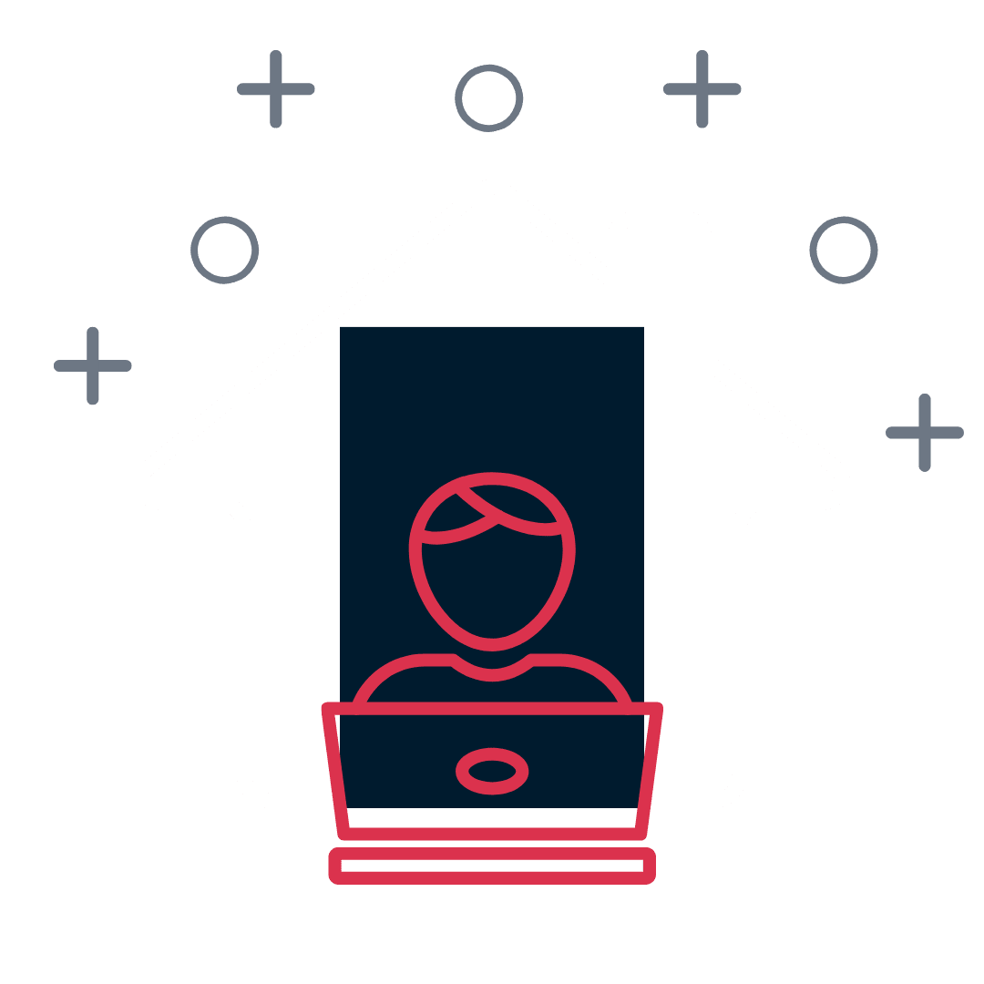 Umriss eines Wirtschaftsprüfers, der einen Laptop in einem Haus benutzt, mit einfachen geometrischen Symbolen drum herum.