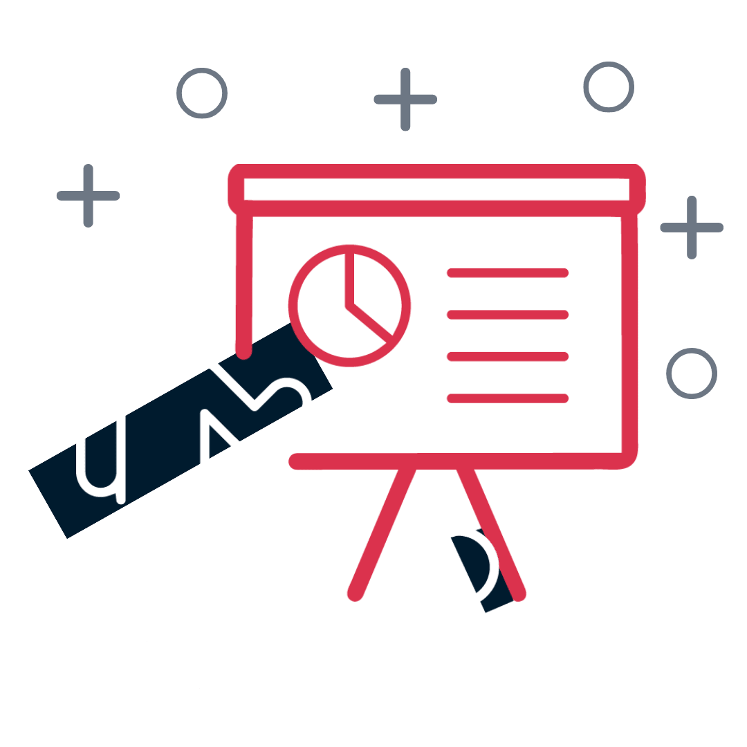 Strichzeichnung eines Wirtschaftsprüfers, der einem Publikum ein Diagramm präsentiert.