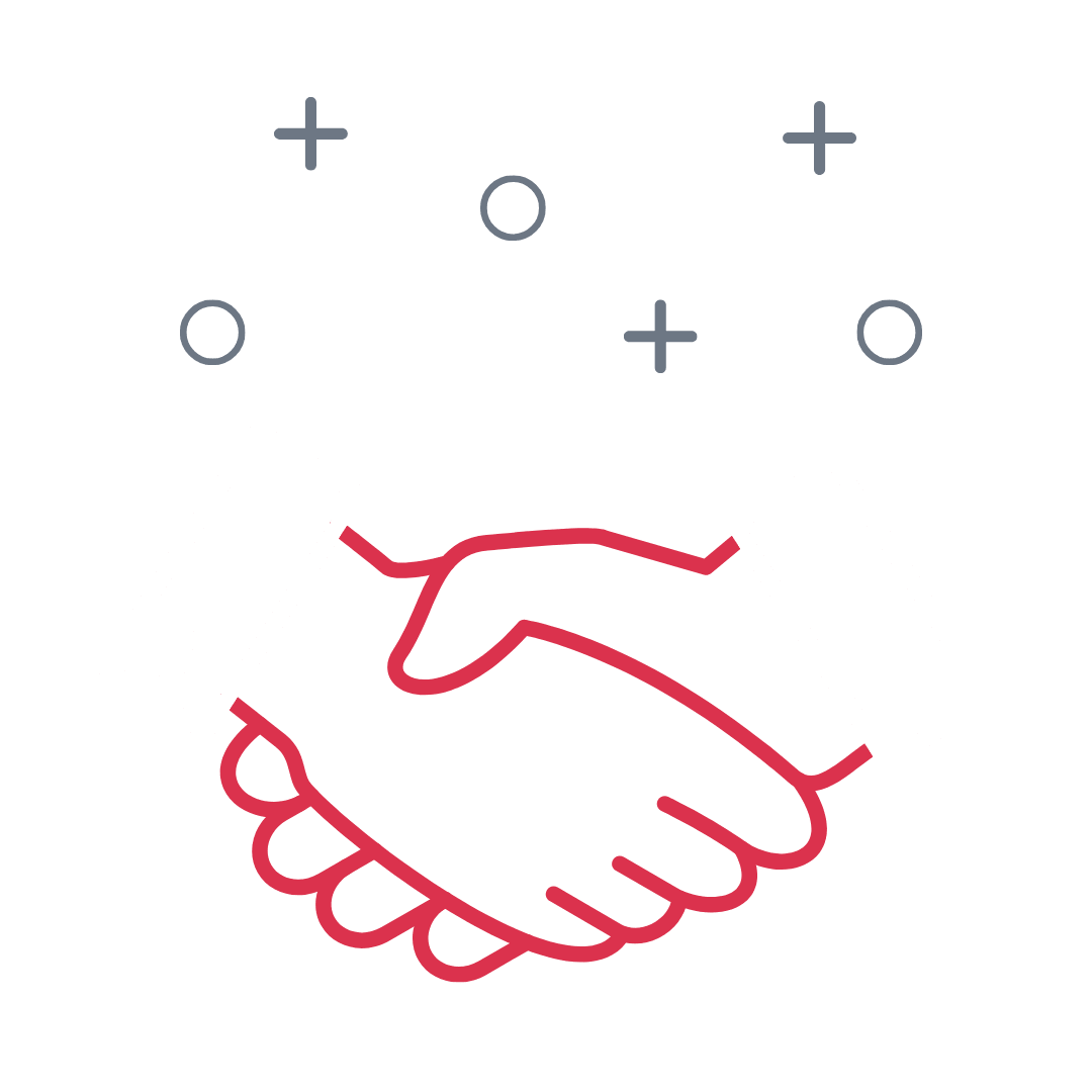 Minimalistische Strichzeichnung eines Händedrucks, symbolisiert durch die KTW Kanzlei mit Kreisen und Pluszeichen darüber.